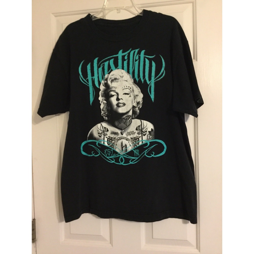 Mens Hostility Black Short Sleeve‎ Shirt Marilyn Monroe No Size Tag Measures L